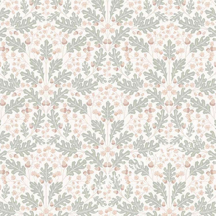 Small Scale Heritage Oak & Acorn Ogee Green peel and stick wallpaper pattern swatch